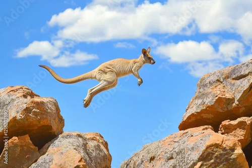 A yellow-footed rock-wallaby leaping between rocky outcrops in the Flinders Ranges, agile and sure-footed. photo