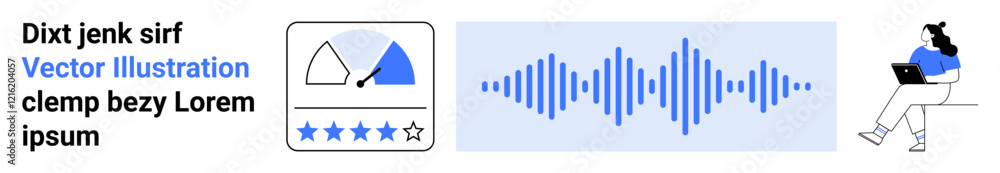 User using a laptop, blue sound wave, rating system with four stars, abstract shapes, text placeholder. Ideal for tech, education, apps, multimedia, design, reviews, remote work. Landing page User using a laptop, blue sound wave, rating system with four stars, abstract shapes, text placeholder. Ideal for tech, education, apps, multimedia, design, reviews, remote work. Landing page