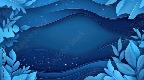 Blue paper-cut leaves background, wavy design, nature, invitation, website banner