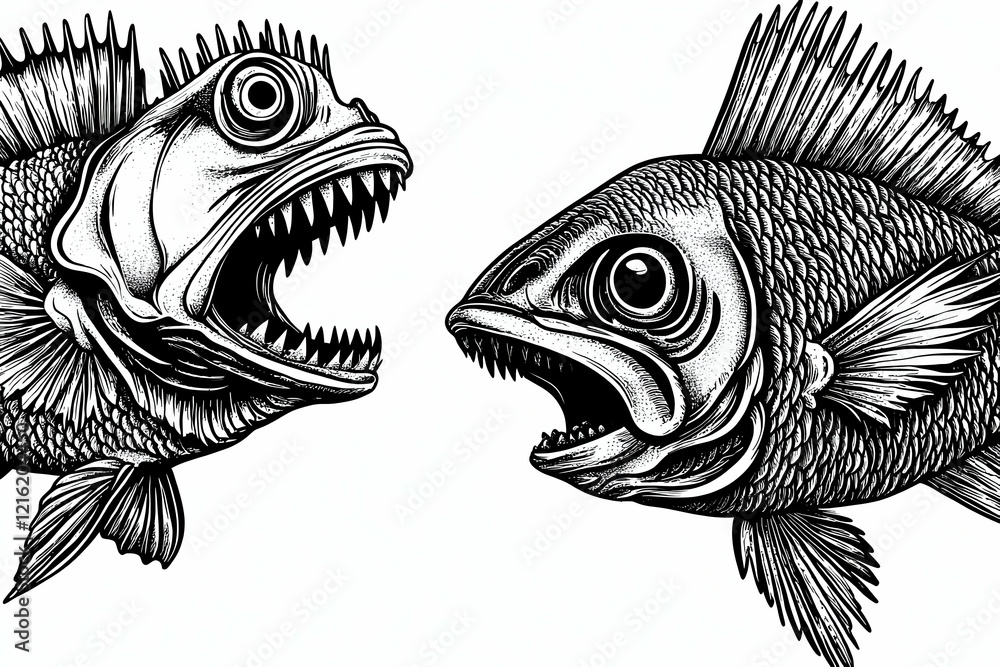 Two toothy fishes face off in a detailed black and white illustration, showcasing intricate scales and sharp teeth. Two toothy fishes face off in a detailed black and white illustration, showcasing intricate scales and sharp teeth.
