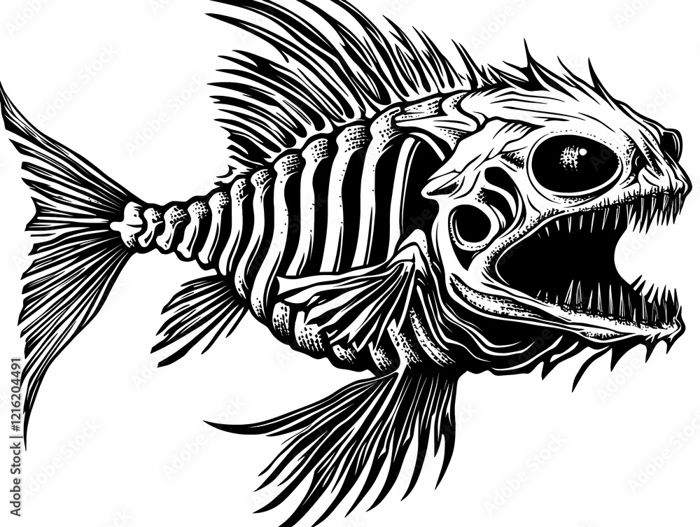 Detailed Illustration of a Fish Skeleton with Open Mouth and Sharp Teeth Detailed Illustration of a Fish Skeleton with Open Mouth and Sharp Teeth
