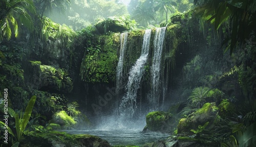 Lush jungle waterfall cascading over mossy rocks into a tranquil pool.