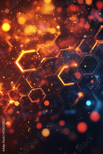 Abstract Hexagon Network: Glowing Orange and Blue Digital Structure