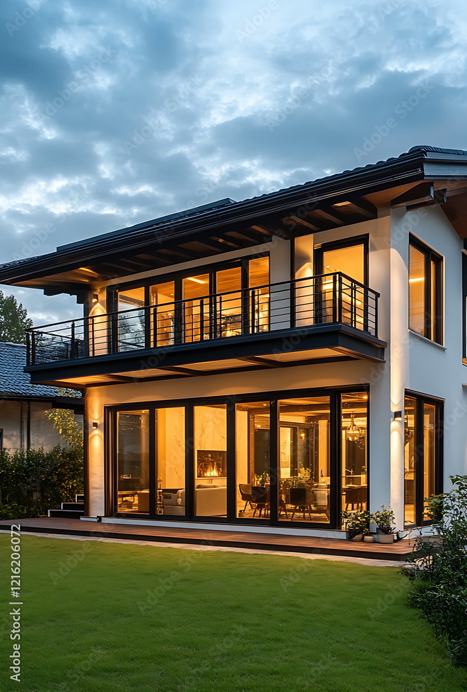 Modern house with a wooden terrace front view white wall Modern house with a wooden terrace front view white wall