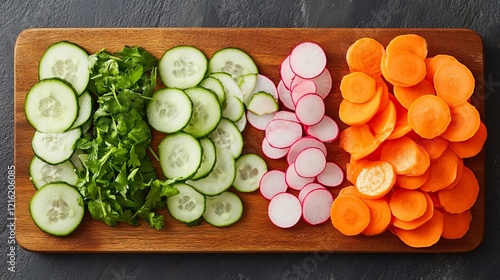 Vibrant and Freshly Sliced Vegetables on a Wooden Cutting Board Next to a Sharp Knife Creating an Inviting Culinary Scene Perfect for Cooking and Meal Preparation in a Home Kitchen Environment photo