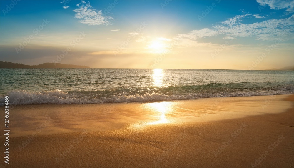 Tropical beach at sunset with a shimmering ocean, soft sand, and a blurred horizon Tropical beach at sunset with a shimmering ocean, soft sand, and a blurred horizon