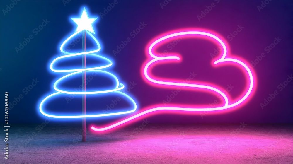 Neon Christmas Tree with Swirling Branches and Pink Neon Lights Create a Festive Glow Neon Christmas Tree with Swirling Branches and Pink Neon Lights Create a Festive Glow