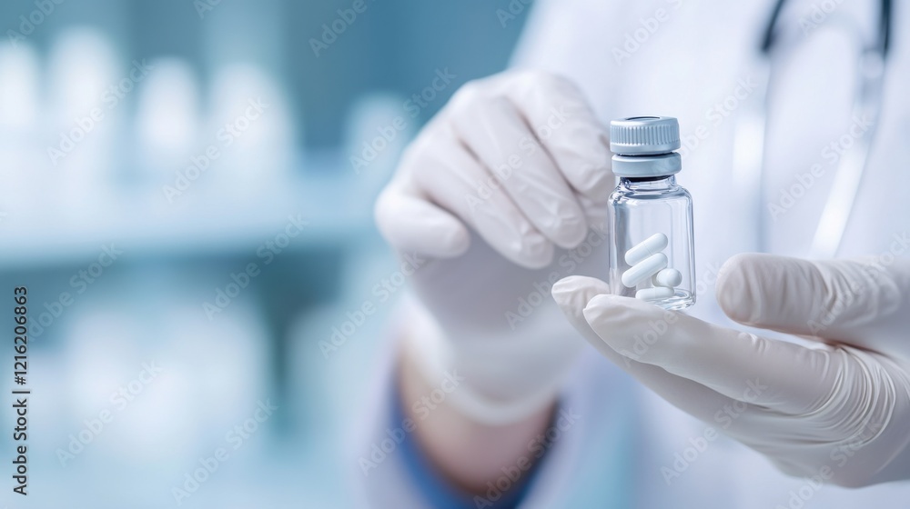 A close-up of a healthcare professional’s hands wearing gloves, holding a vial of medicine with a sterile backdrop, Minimalist style A close-up of a healthcare professional’s hands wearing gloves, holding a vial of medicine with a sterile backdrop, Minimalist style