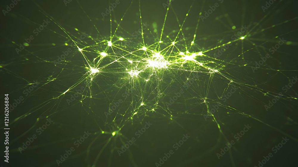 Abstract Green Network Glows Brightly on a Dark Background, Illustrating Connectivity Abstract Green Network Glows Brightly on a Dark Background, Illustrating Connectivity