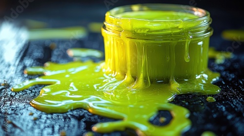 Neon green glow-in-the-dark slime spills from jar onto dark surface photo