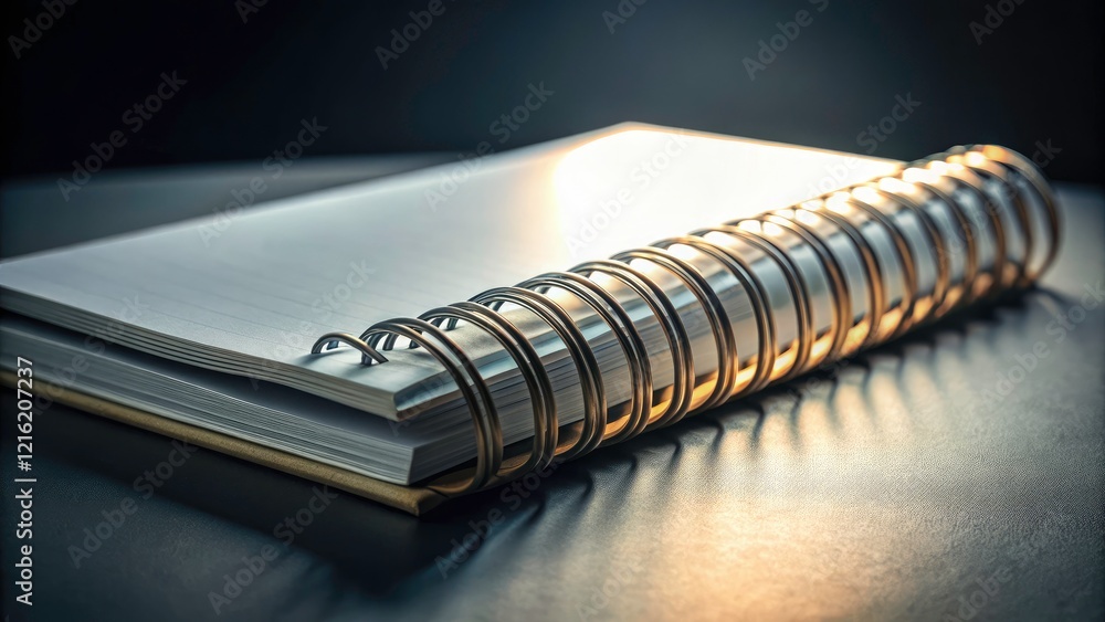 White notebook's minimalist design shines in low-light. Dark aesthetic mockup, perfect for office supply branding. White notebook's minimalist design shines in low-light. Dark aesthetic mockup, perfect for office supply branding.