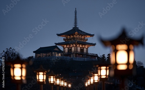 Wallpaper Mural Illuminated pagoda at dusk, lanterns in foreground. (2) Torontodigital.ca