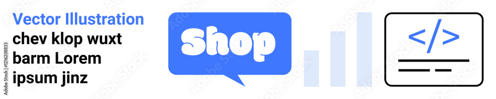 Speech bubble with shop text, bar chart, and coding symbol. Ideal for e-commerce, online shopping, retail business, website development, and technology. Banner for the landing page Speech bubble with shop text, bar chart, and coding symbol. Ideal for e-commerce, online shopping, retail business, website development, and technology. Banner for the landing page