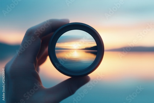 A hand holds a lens framing a serene sunset over a calm lake, creating a beautiful reflection and a captivating view of nature.