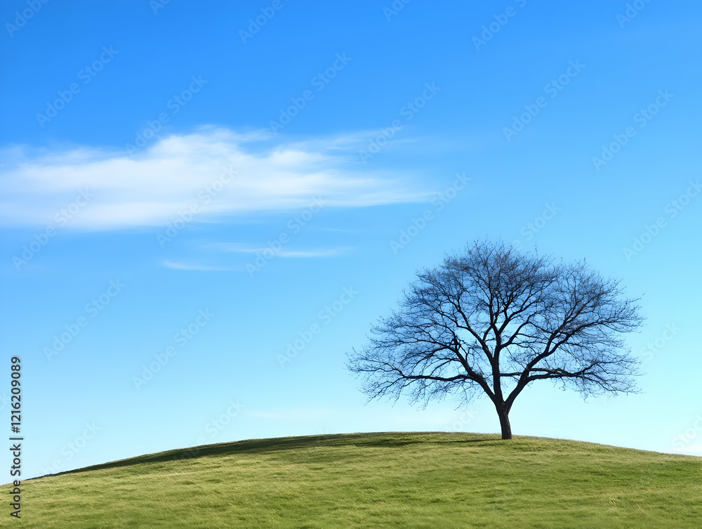 Fototapeta premium Lone Bare Tree Stands on a Green Hill Under a Bright Blue Sky with Wispy Clouds