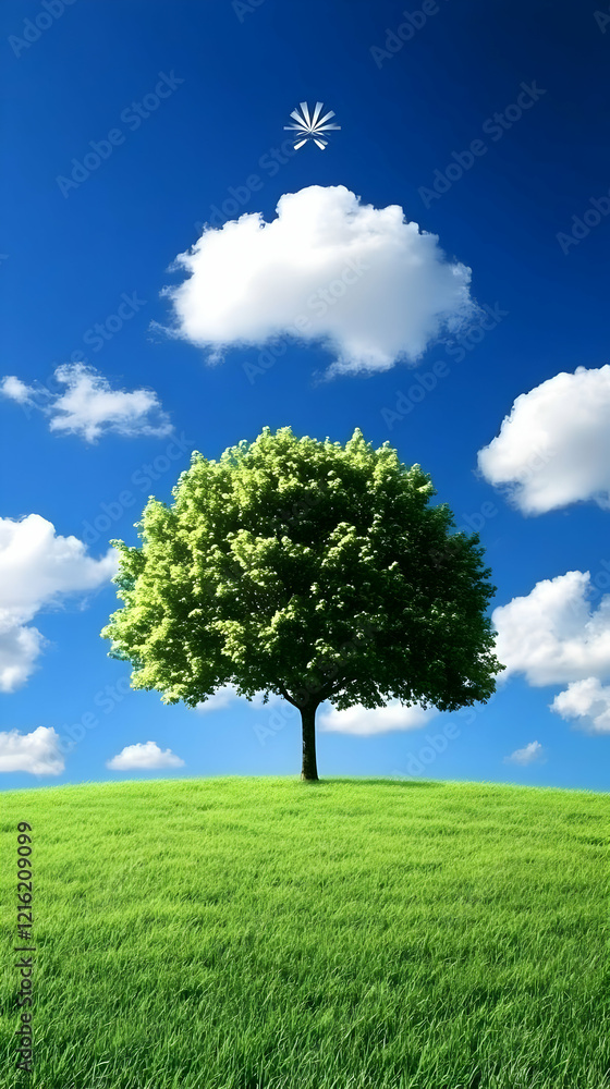 Lush Green Tree Stands on a Hill with Fluffy Clouds Gracefully Floating in the Clear Blue Sky Lush Green Tree Stands on a Hill with Fluffy Clouds Gracefully Floating in the Clear Blue Sky