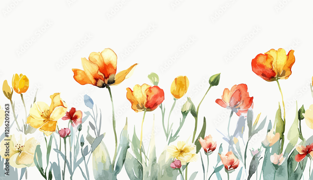 Fototapeta premium Intricate Watercolor Illustration of a Serene Floral Garden with Blooming Tulips and Lush Greenery Under a Soft Spring Sky