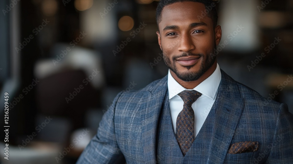 Elegant man stands confidently in a tailored navy three-piece suit with windowpane pattern Elegant man stands confidently in a tailored navy three-piece suit with windowpane pattern