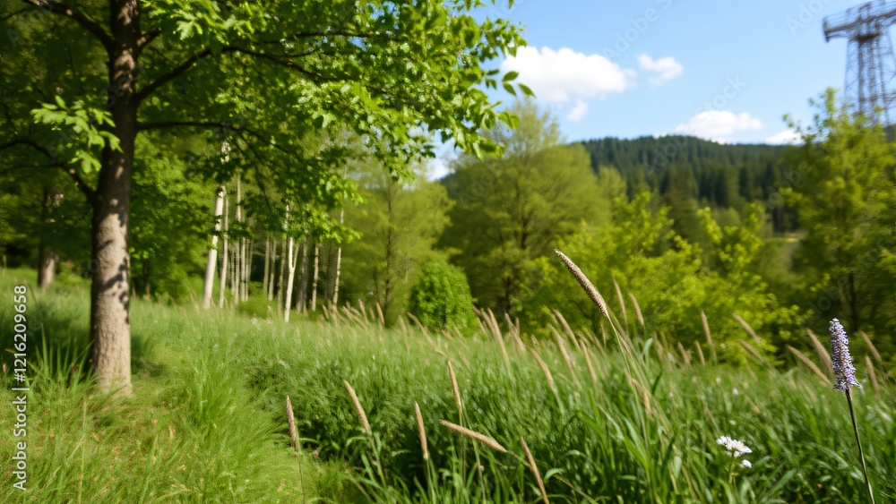 Serene Summer Meadow Landscape with Lush Green Trees and Tall Grasses Serene Summer Meadow Landscape with Lush Green Trees and Tall Grasses