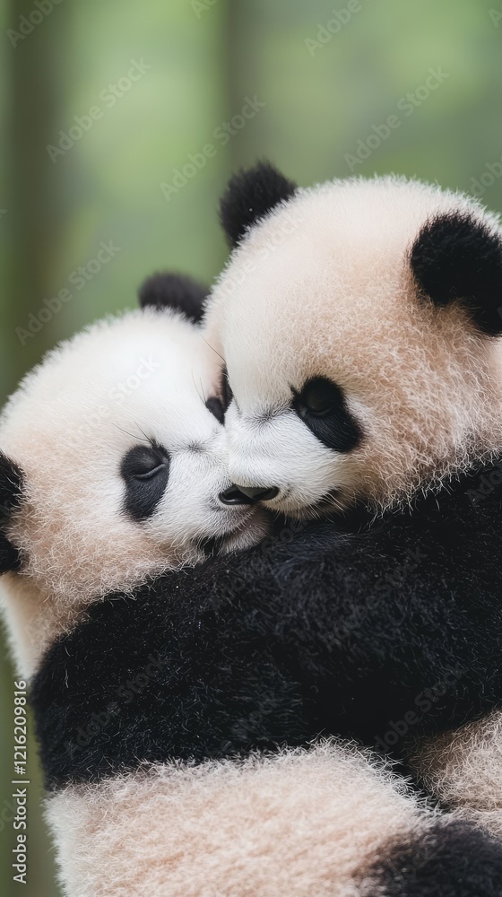 Fototapeta premium Pandas cuddling in a bamboo forest with soft sunlight.