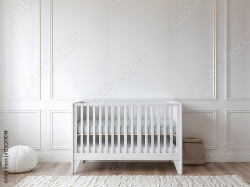 Modern Nursery Crib: A sleek and contemporary white crib with a minimalist design stands in a nursery with soft, natural light.