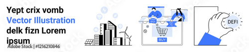 Bold text, cityscape with buildings and wind turbines, people shopping online, hand holding DEFI coin. Ideal for digital finance, e-commerce, renewable energy, urban planning, technology blockchain