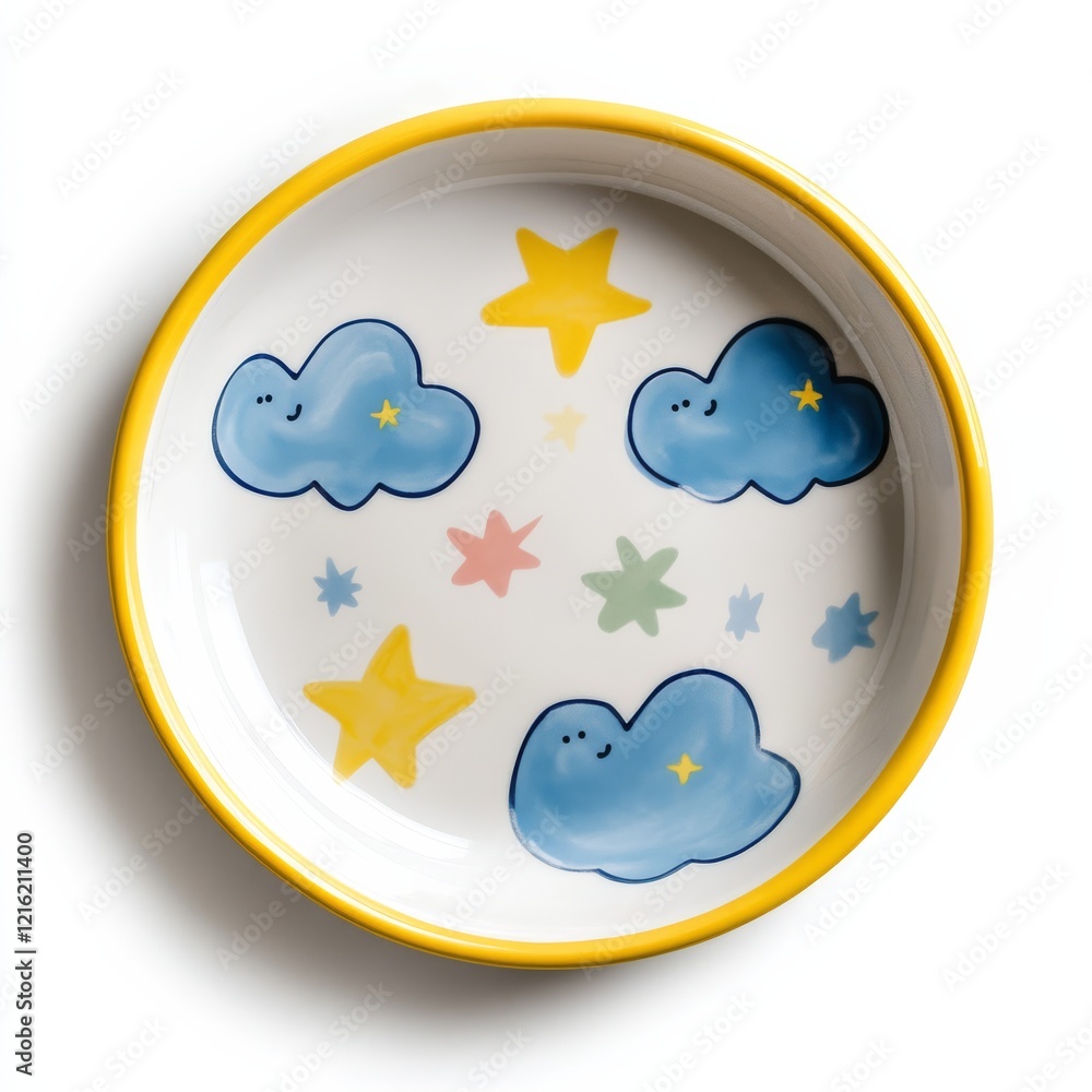 child's plate with pastel clouds and stars decoration and a soft yellow rim on white background copy space. child's plate with pastel clouds and stars decoration and a soft yellow rim on white background copy space.