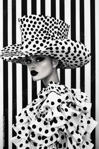 Wallpaper Mural Fashion model in polka dot hat and ruffled outfit poses against striped background. High contrast black and white styling for editorial photoshoot. Torontodigital.ca