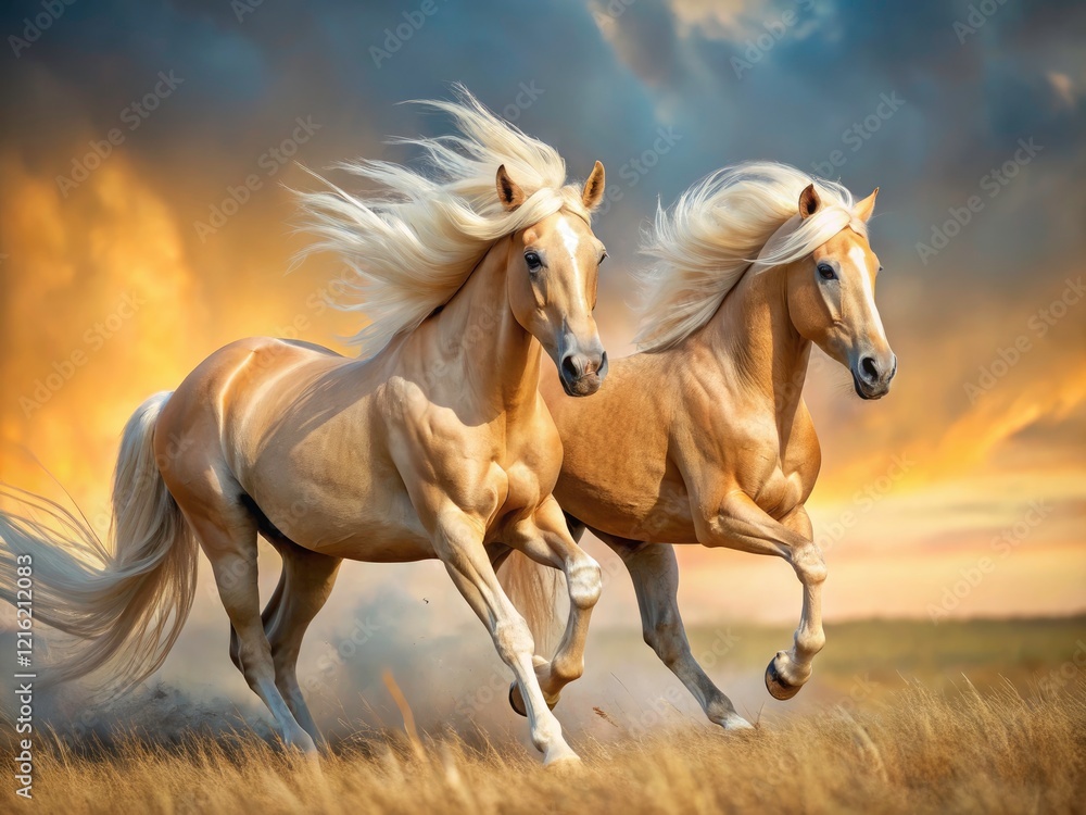 Obraz premium Wild palominos, exquisitely photographed in high-resolution, showcase untamed equestrian beauty.