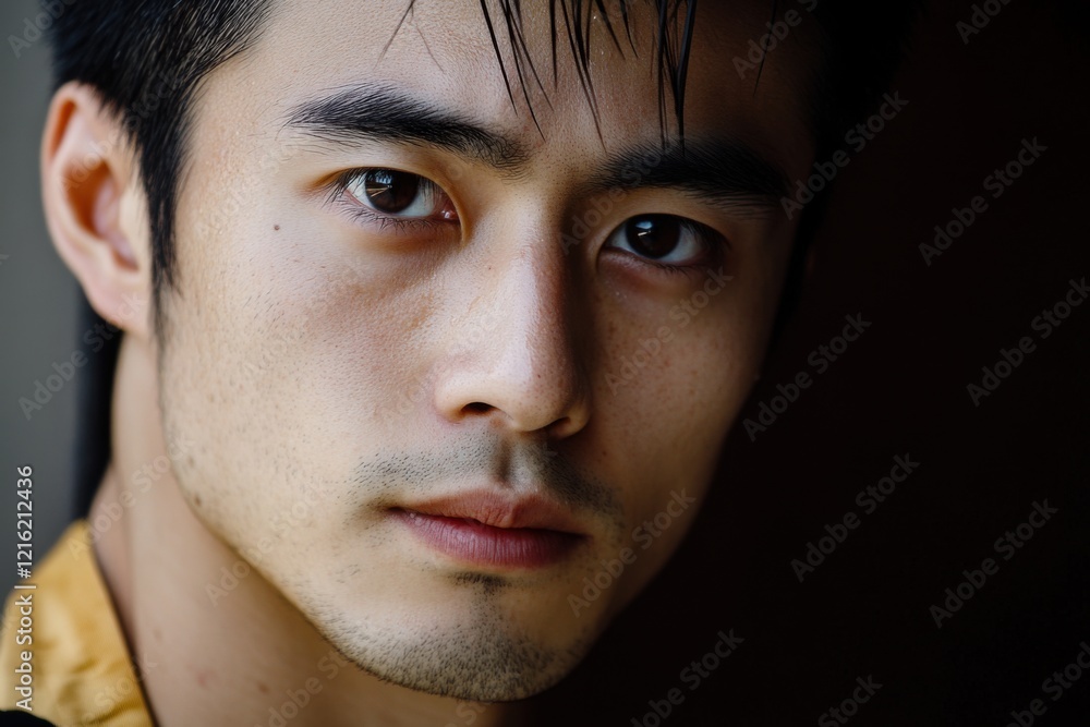 Obraz premium A portrait of a calligrapher's face, pale complexion, dark eyes, ink-black hair, clean-shaven, concentrated look