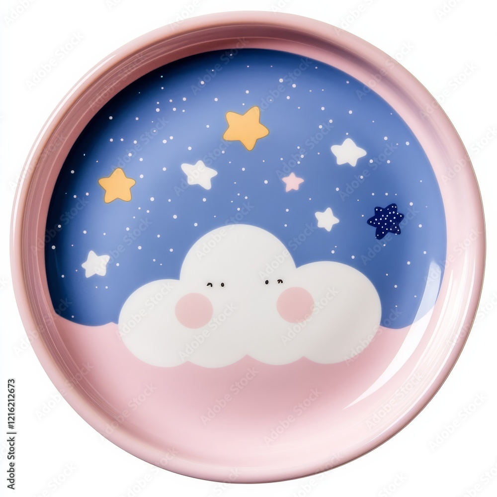 A plate with a whimsical design of pastel clouds and stars, a soft pink rim, and a smooth glossy finish, perfect for kids. A plate with a whimsical design of pastel clouds and stars, a soft pink rim, and a smooth glossy finish, perfect for kids.