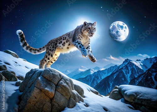 Wild snow leopard leaps, a breathtaking Himalayan winter night photograph.