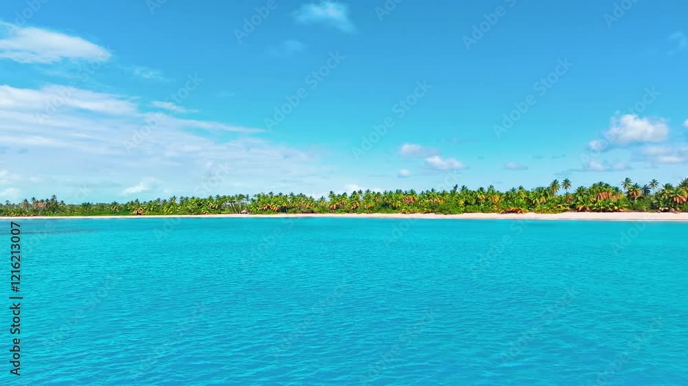 Paradise Hawaiian beach with palm trees on a sunny summer day. Beautiful tropical Caribbean coastline. Landscape of sea island nature. Drone flight over the ocean to a paradise island. Paradise Hawaiian beach with palm trees on a sunny summer day. Beautiful tropical Caribbean coastline. Landscape of sea island nature. Drone flight over the ocean to a paradise island.