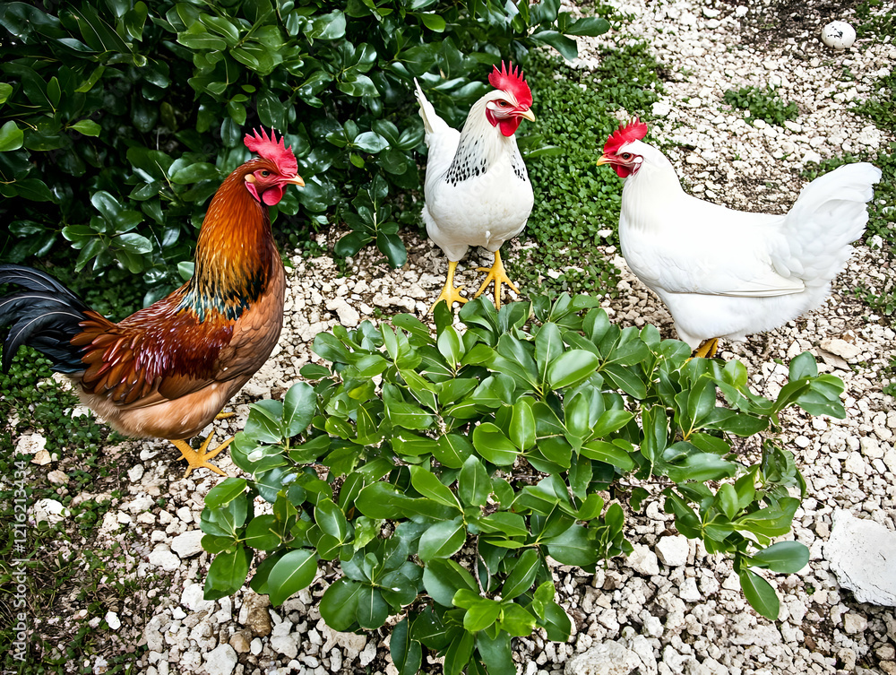 custom made wallpaper toronto digitalThree Chickens Gather Near Green Bush in a Rocky Yard
