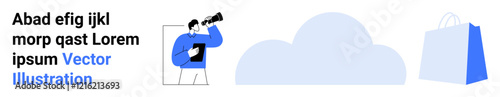 Person with a telescope exploring business trends with a shopping bag and cloud in the background. Ideal for business strategy, e-commerce, online shopping, technology integration and cloud