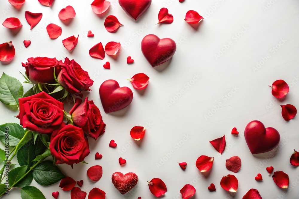Winning stock photo: Delicate red rose petals and hearts artfully arranged against a pure white backdrop.