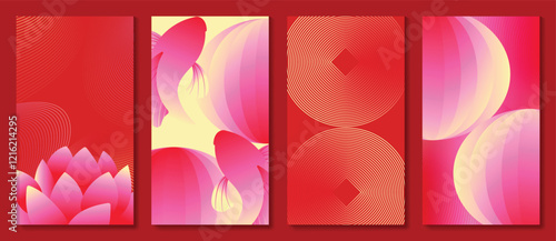 Chinese New Year 2025 hongbao red envelope design vector. Collection of Chinese festival with lantern, fish, lotus flower. Elegant oriental illustration for angpao, cover, website, calendar, ads.