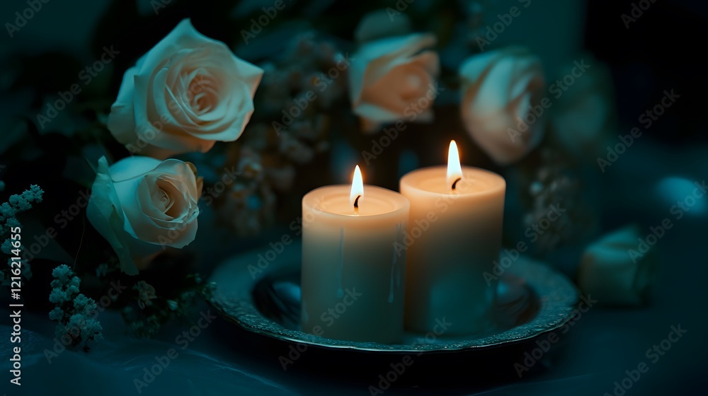 Elegant candlelit setting with vibrant flowers creating a serene atmosphere Elegant candlelit setting with vibrant flowers creating a serene atmosphere