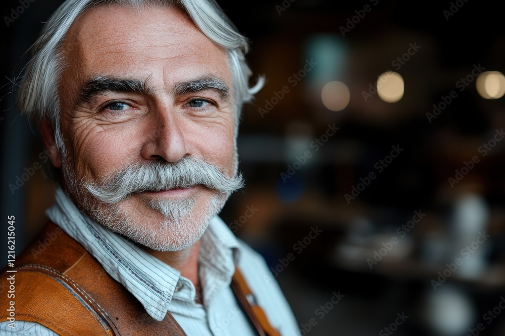 A portrait of a gem cutter's face, focused complexion, crystal-clear eyes, precision-cut silver hair, trimmed mustache, concentrated look A portrait of a gem cutter's face, focused complexion, crystal-clear eyes, precision-cut silver hair, trimmed mustache, concentrated look