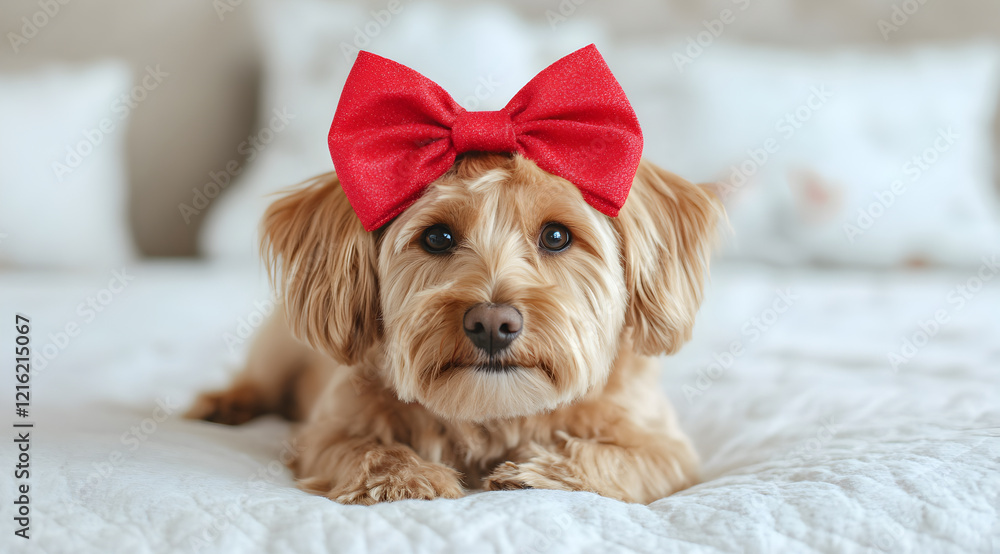 A cute dog with a red bow sits on a bed, exuding charm and playfulness in a cozy setting. A cute dog with a red bow sits on a bed, exuding charm and playfulness in a cozy setting.
