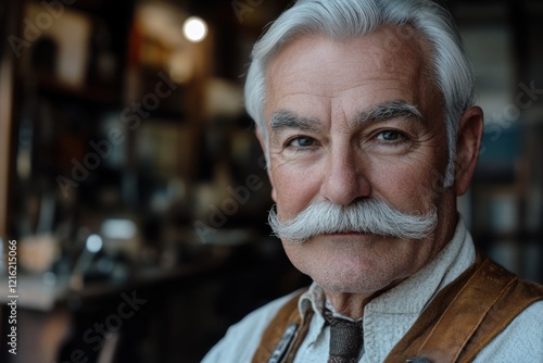 A portrait of a gem cutter's face, focused complexion, crystal-clear eyes, precision-cut silver hair, trimmed mustache, concentrated look