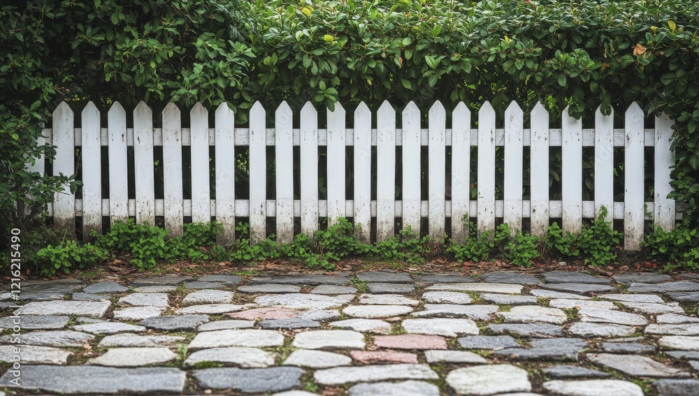 White picket fence with stone pathway and green hedge. White picket fence with stone pathway and green hedge.