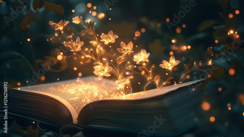 Open book, flower blossom tree with nature landscape appear inside of it