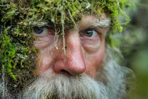 A portrait of a moss gardener's face, dewy complexion, forest-floor eyes, lichen-gray hair, moss-like beard, patient look photo