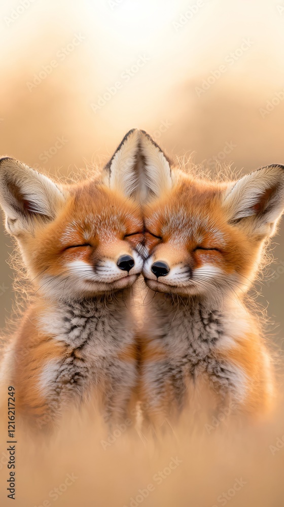 Obraz premium Young red fox cubs playing and wrestling with each other in the wild.