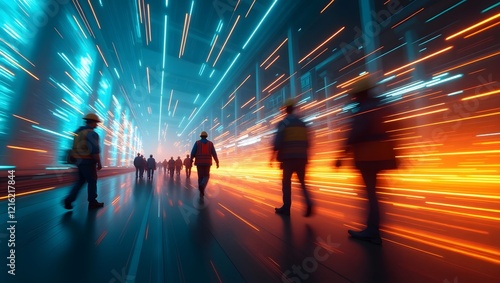 Workers moving through a futuristic industrial corridor with dynamic light trails. Perfect for technology, progress, and industry themes