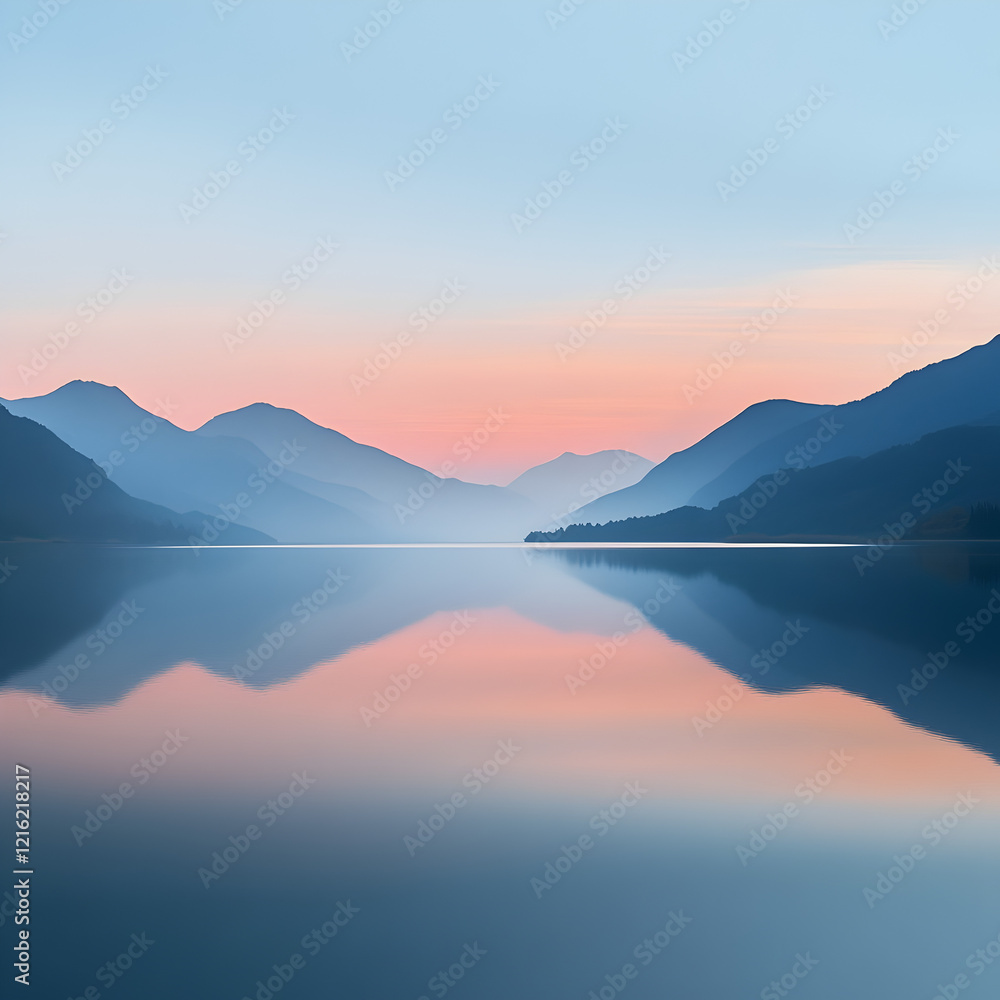 Fototapeta premium Serene Sunrise Reflection: A tranquil lake mirrors the soft pastel hues of a sunrise, creating a breathtaking panorama of mountains and sky. The image evokes peace and serenity. 