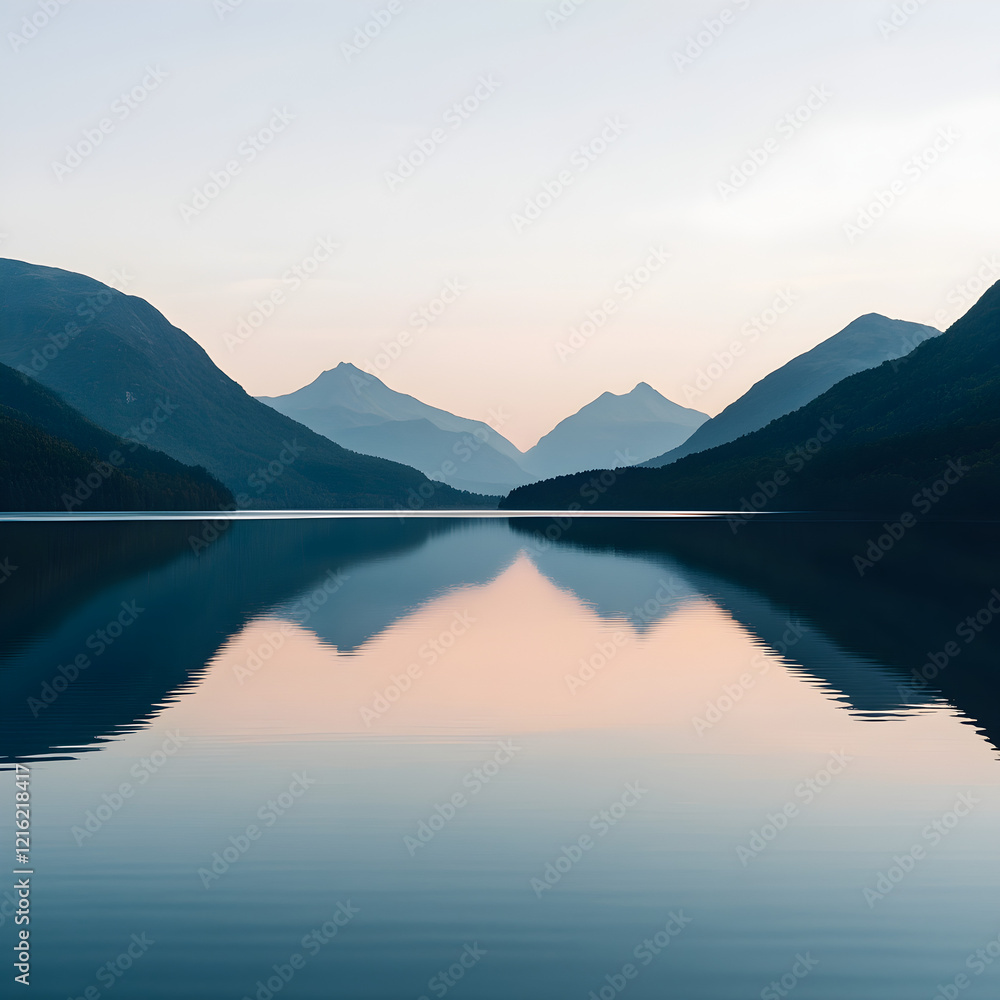 Fototapeta premium Mountain Reflection: A serene and ethereal landscape unfolds as majestic mountains stand tall against a soft, pastel sky, their reflection mirrored perfectly on a still, glassy lake.
