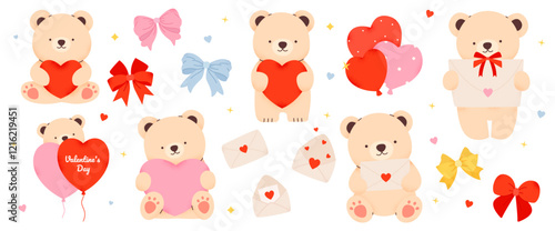 Set of cute bears with elements for Valentine's Day. Bears holding red and pink hearts, envelopes, vector illustration isolated on white background