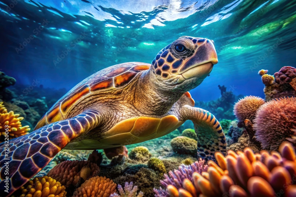 Fototapeta premium Witness incredible detail in underwater turtle macro photography; explore the beauty of marine life up close.